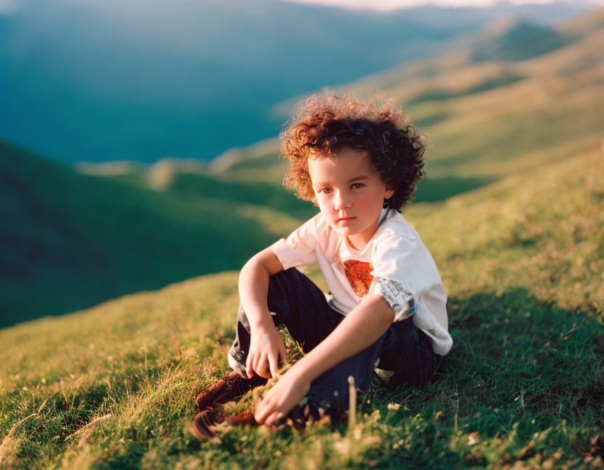 Curly-Haired Child Sitting on Green Hillside at Golden Hour