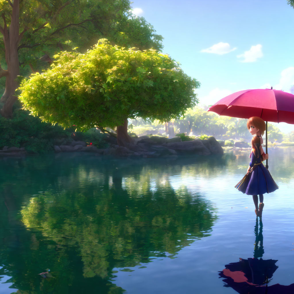 Character standing on water with red umbrella under lush green tree