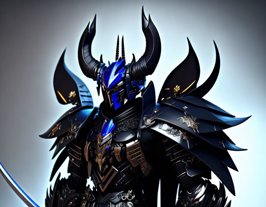 Detailed image: Menacing figure in stylized black armor with blue accents, horns, and glowing yellow