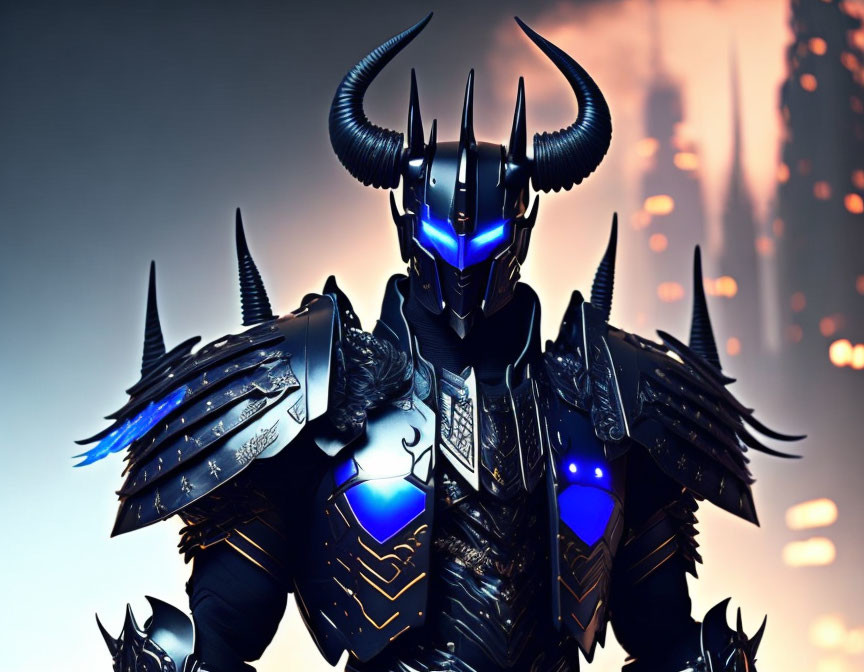 Futuristic black armored knight with blue glowing elements, horns, and spikes against cityscape.