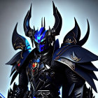 Detailed image: Menacing figure in stylized black armor with blue accents, horns, and glowing yellow