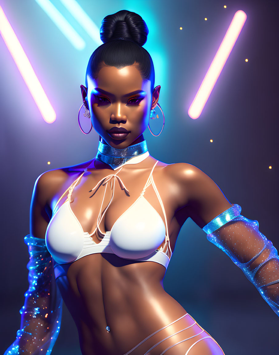 Futuristic digital artwork of woman in glowing attire with neon lights