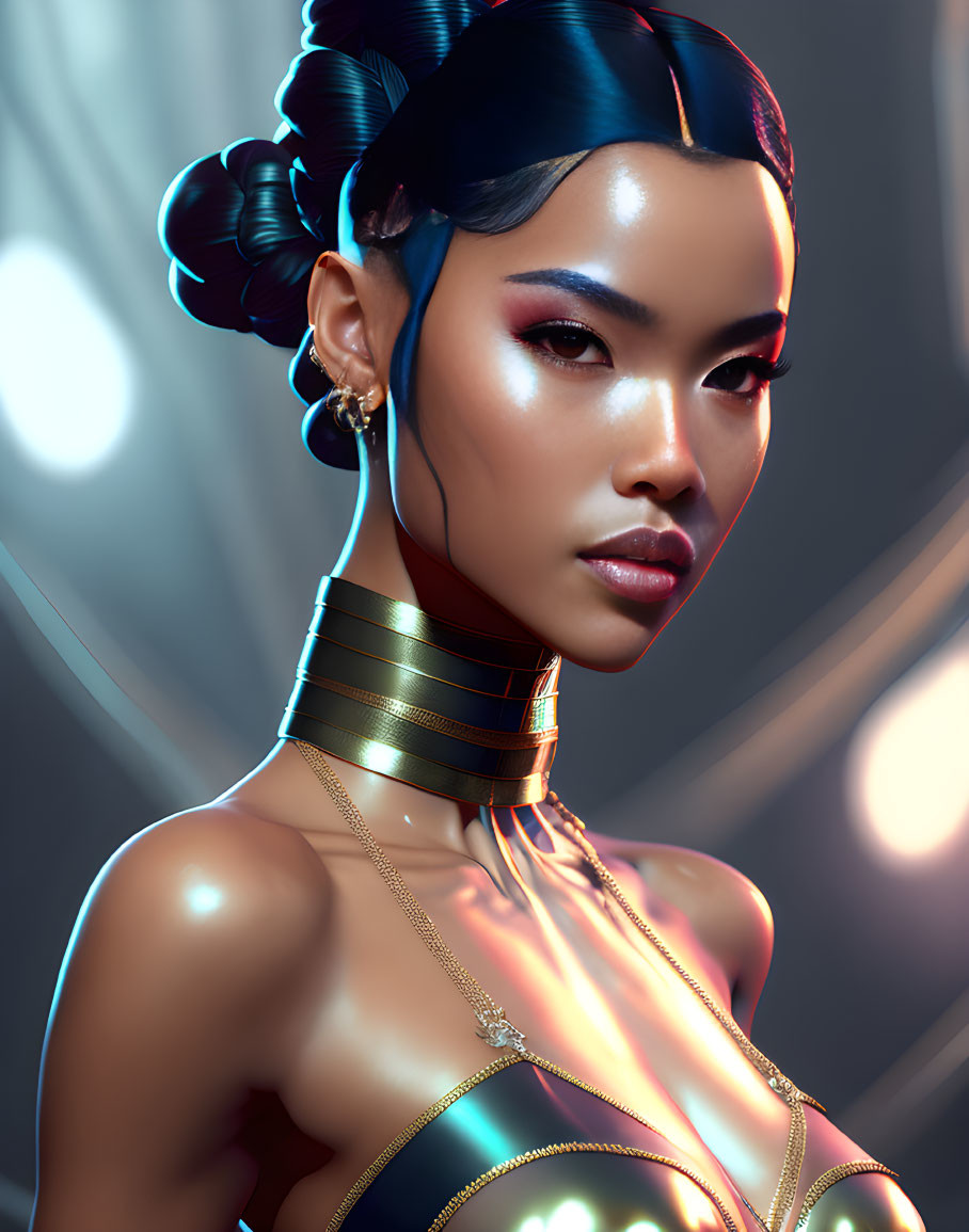 Digital Artwork Featuring Woman with Sleek Updo, Glowing Makeup, Gold Accessories, and Gloss