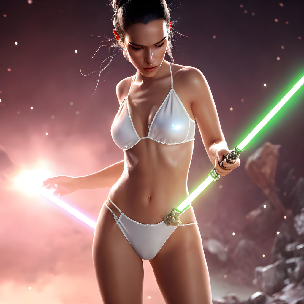 Female character in white bikini with dual lightsabers against cosmic backdrop