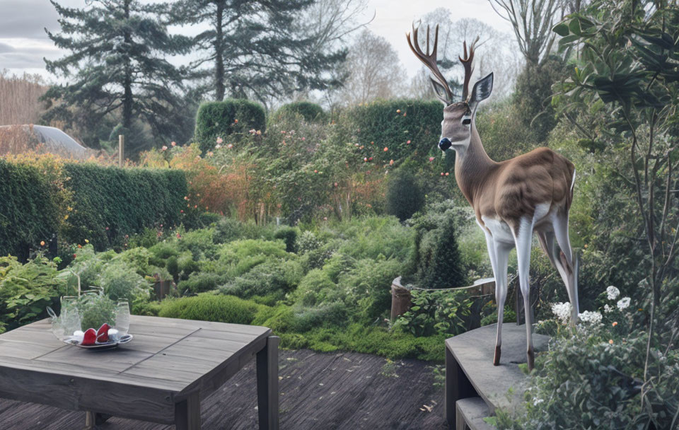 Tranquil garden scene with wooden table, strawberries, and gazelle