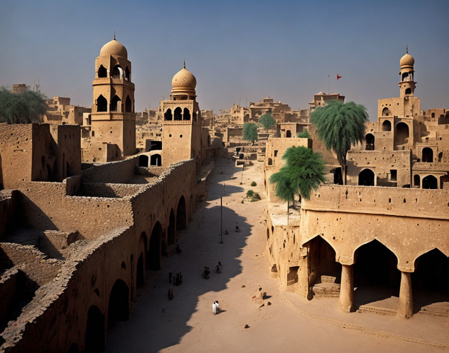 Desert city with fortress-like buildings and domed structures