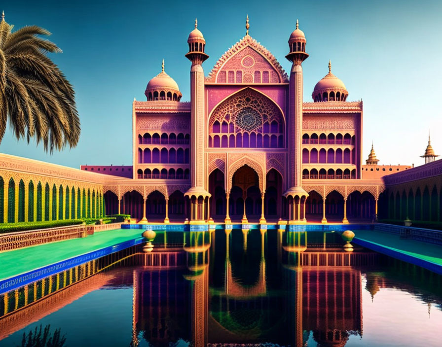 Traditional palace with pink and purple design reflected in serene pool at dusk