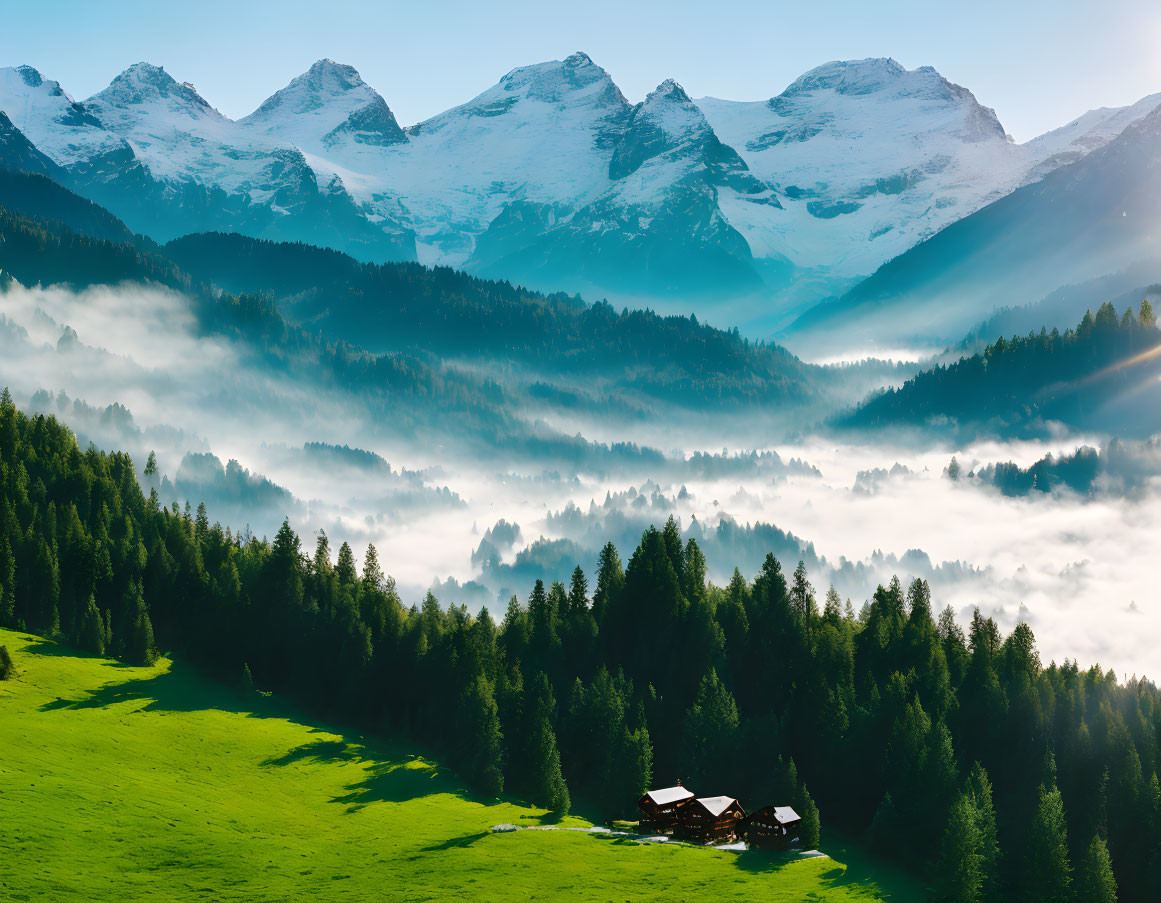 Misty forests and snow-capped mountains in alpine landscape