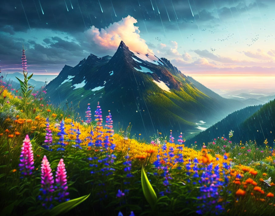 Colorful wildflowers with mountain and dynamic sky.