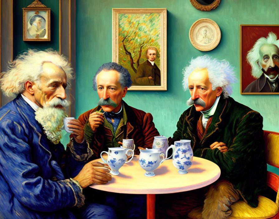 Historical male figures with recognizable hair and mustaches in animated teatime scene