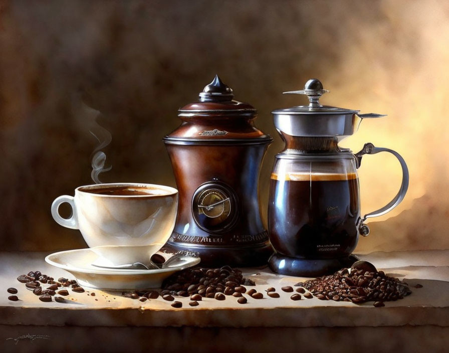 Classic Still Life Painting with Coffee Theme