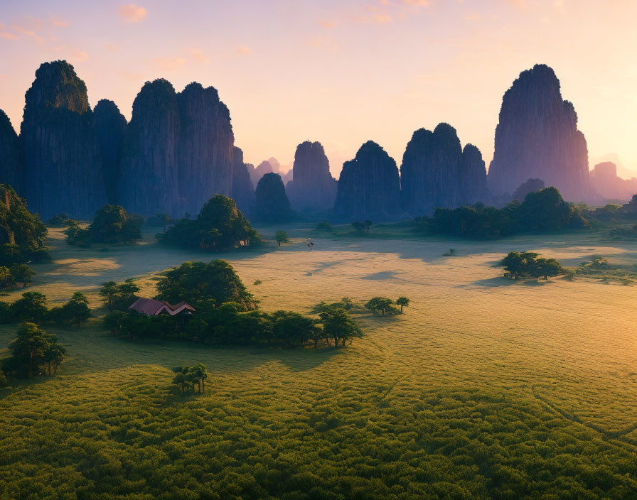 Tranquil sunrise over limestone karsts and lush valley landscape