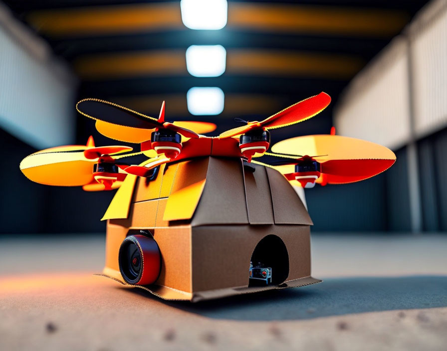 Miniature drone with red propellers in flying house design against industrial backdrop