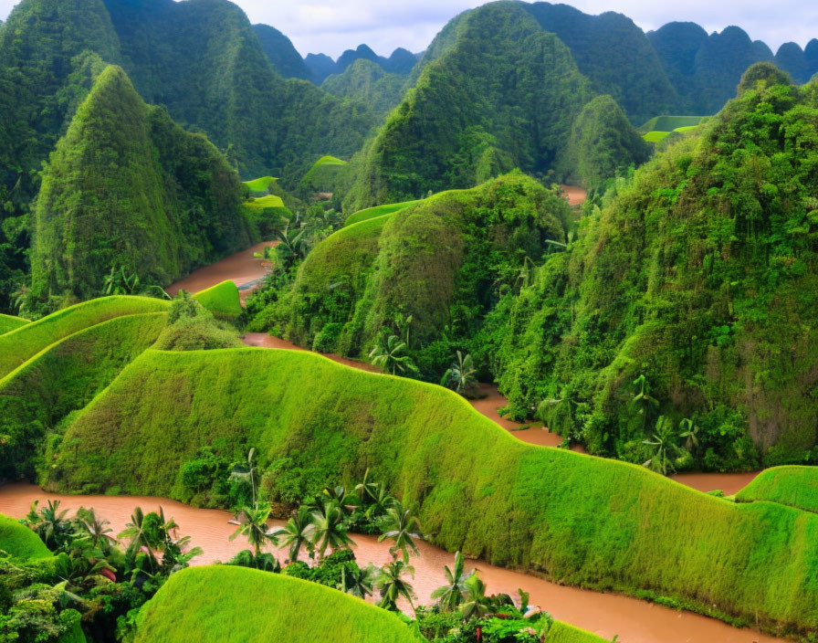 Scenic view of lush green hills and winding river in tropical setting