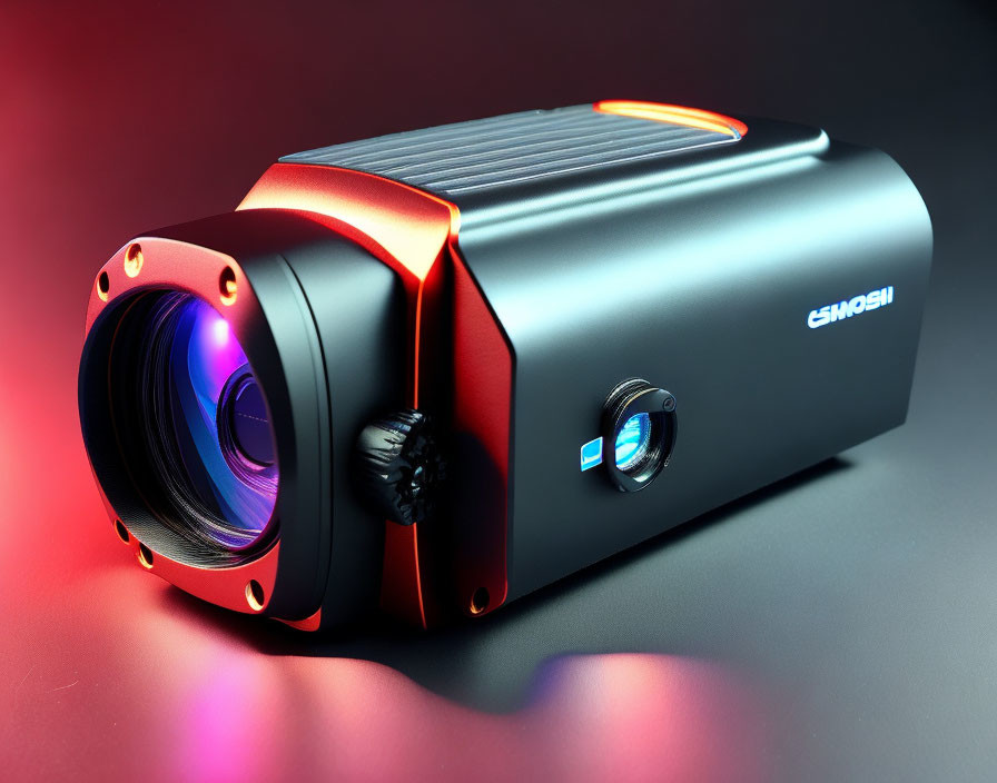 Sleek modern projector with prominent lens and red accents