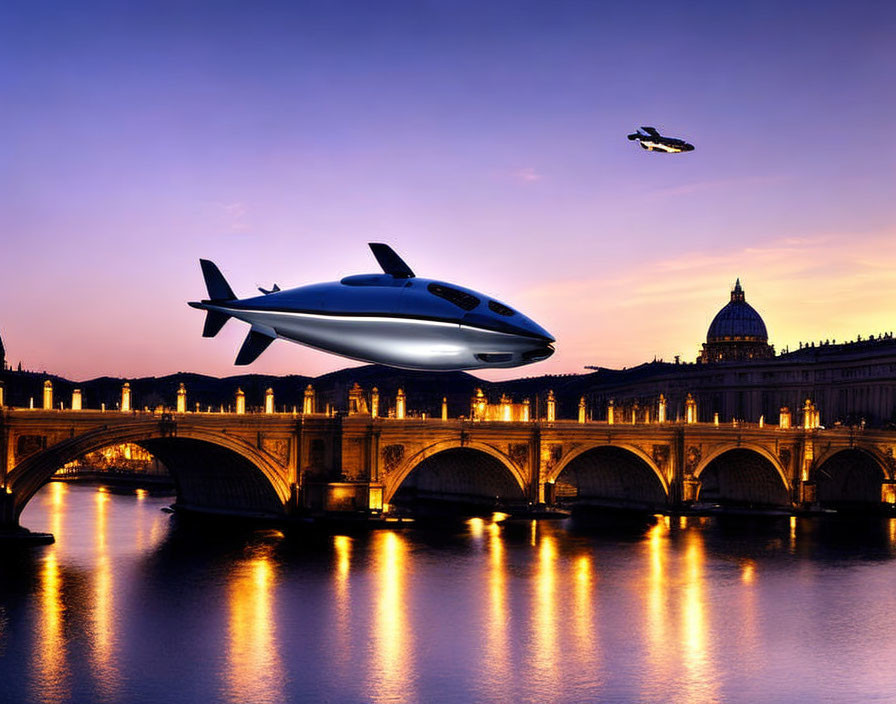 Futuristic flying vehicle over historic bridge at dusk