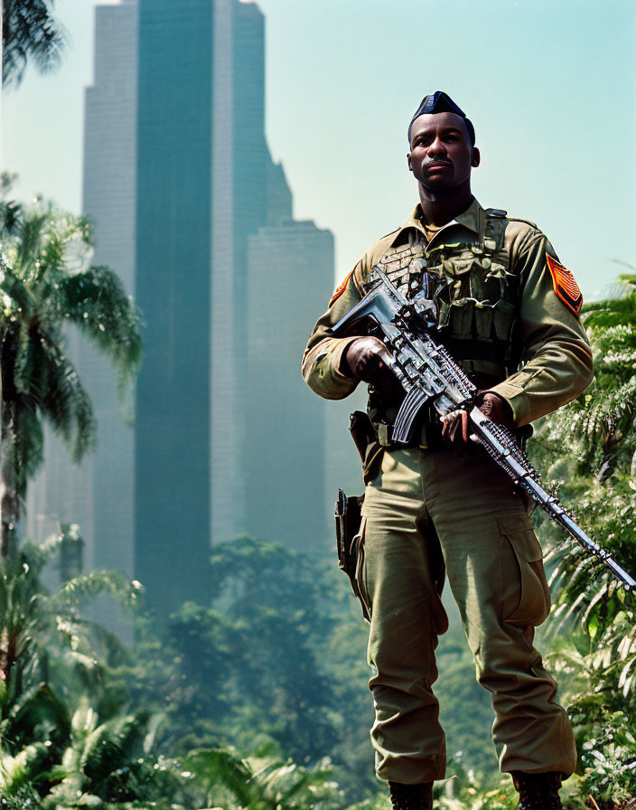 Uniformed soldier with rifle against urban skyline under clear sky