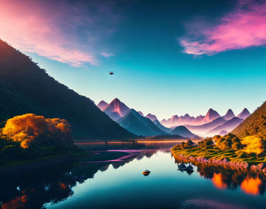 Scenic mountain range reflected in tranquil river at sunrise