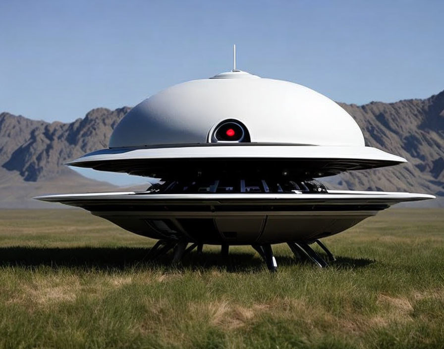 UFO-shaped object with dome top on grass with mountains - Alien technology evoked