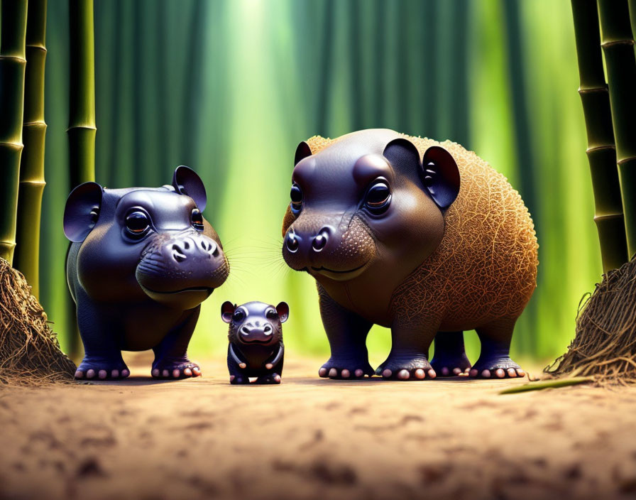 Three stylized hippopotamus figurines in small, medium, and large sizes against a bamboo backdrop