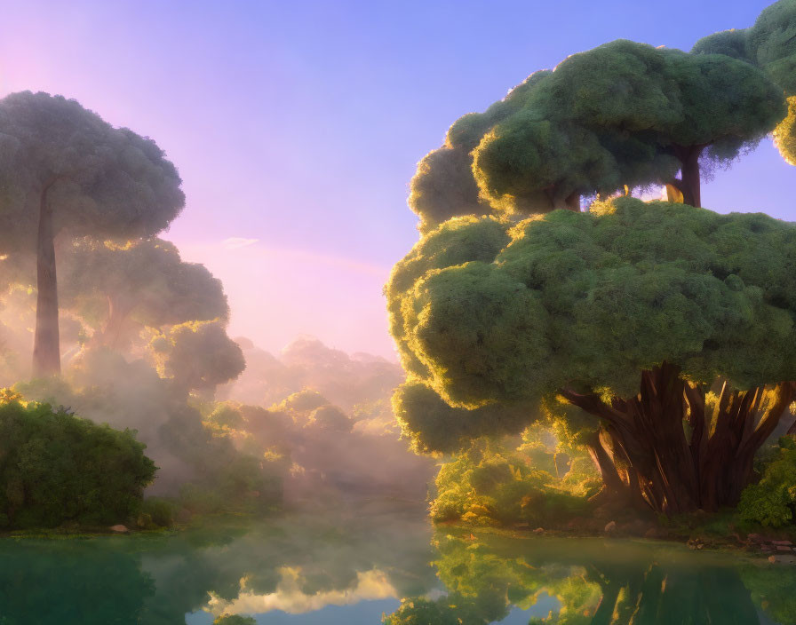 Serene forest landscape with oversized trees and misty sunrise reflections.