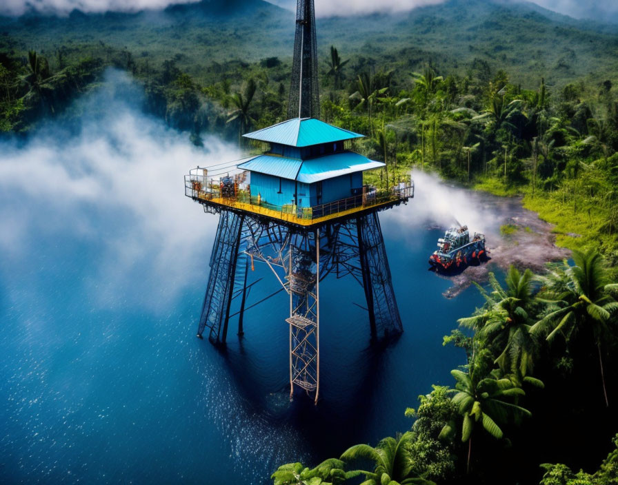 Blue stilted structure in lush rainforest with mist and boat - Aerial view