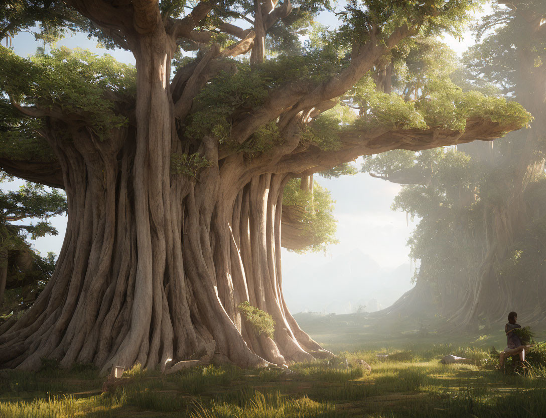 Person sitting under massive tree in lush forest landscape