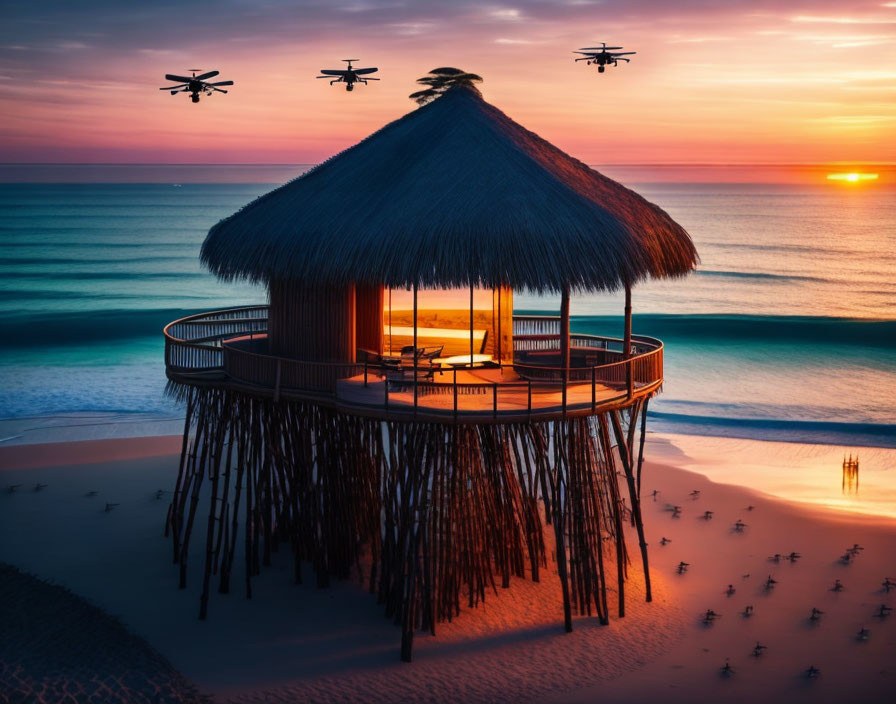 Thatched beach hut at sunset with ocean view and drones flying overhead