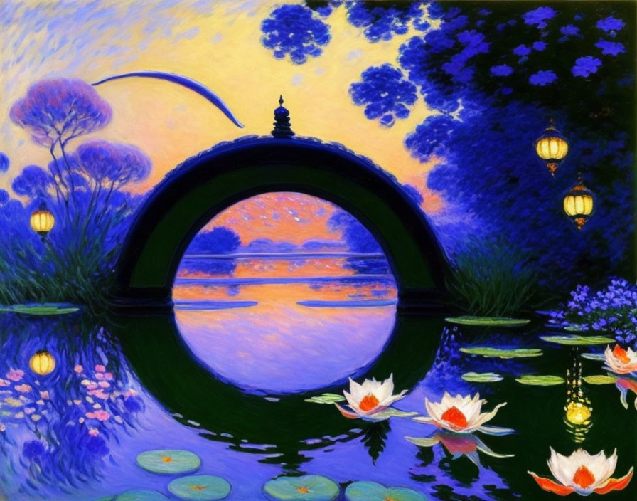 Impressionistic painting of serene lake with arched bridge