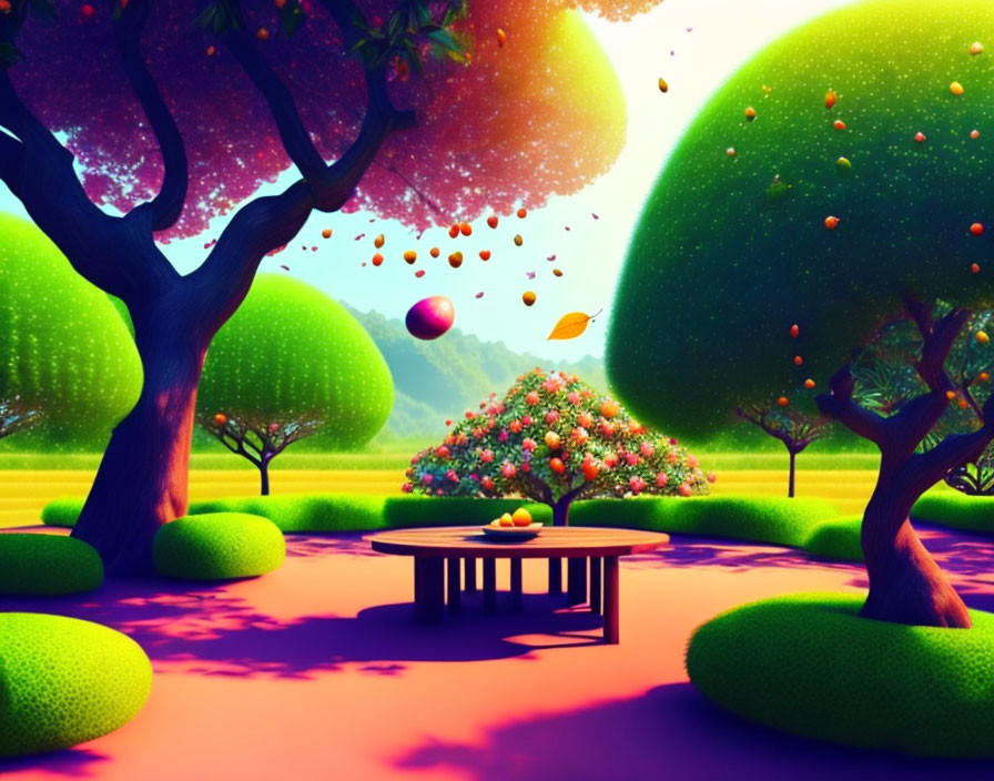 Vibrant orchard with oversized fruit trees and floating orbs in dreamlike setting