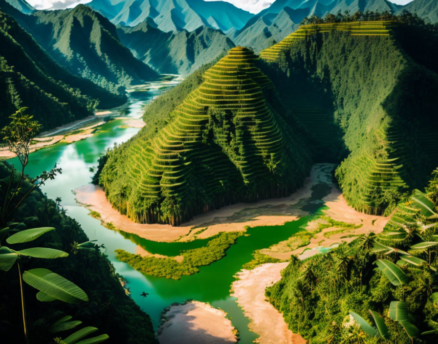 Serene mountain landscape with lush green terraced hills and winding river