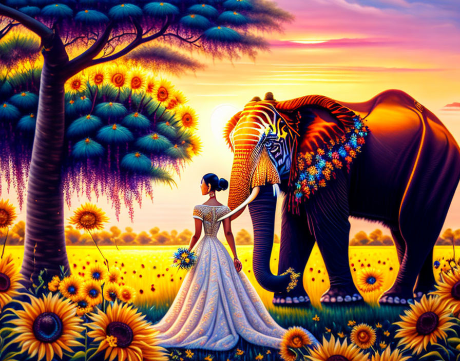 Colorful Artwork: Woman in White Dress with Elephant Under Sunset Tree