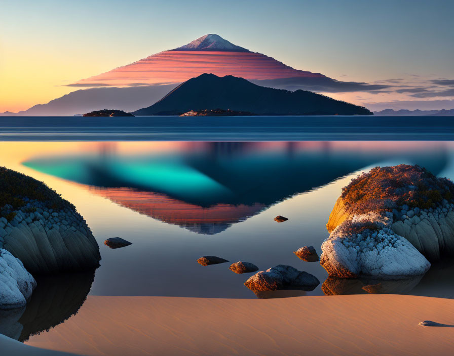 Snow-capped mountain reflected on calm lake at sunset