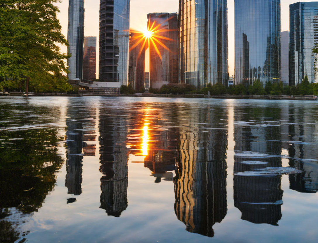 Urban park sunset: sun setting between skyscrapers, warm glow reflecting in calm water.