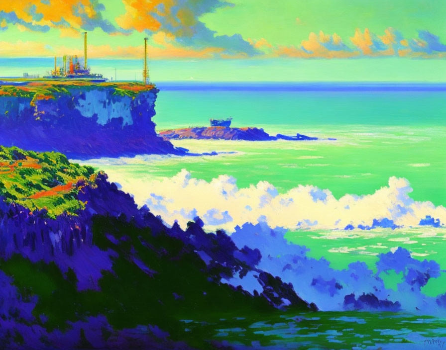 Scenic painting of coastal cliff, ship on horizon, bright sky