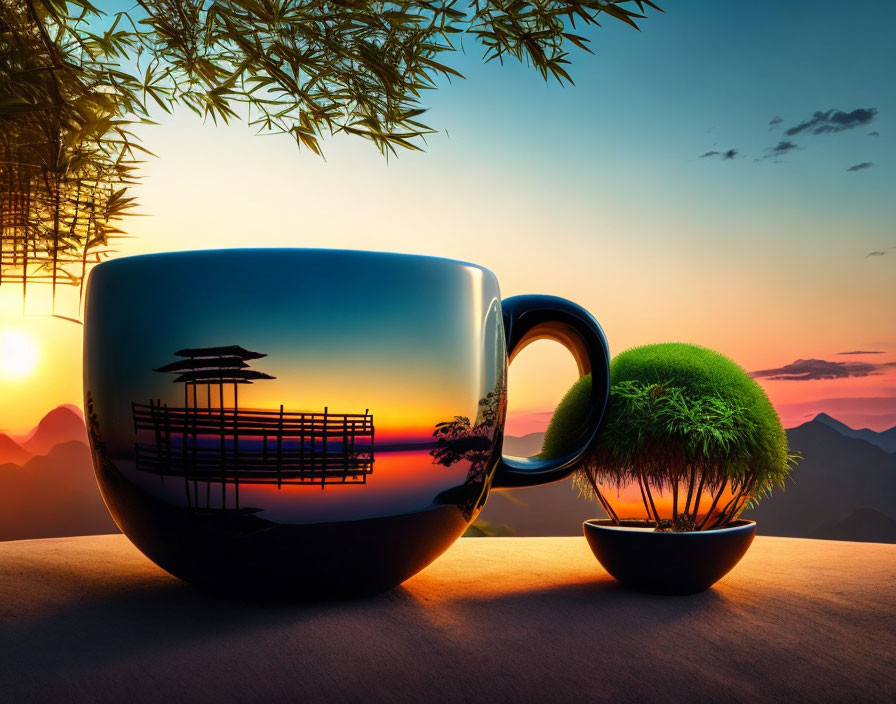 Tranquil table setting with blue cup, bonsai tree, sunset mountains & pagoda silhouette