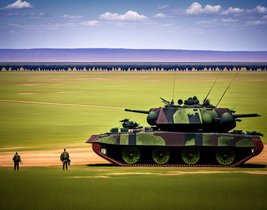 Military tank and soldiers in vast field under dramatic sky