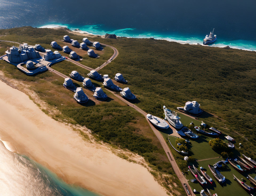 Coastal Area with Dome-shaped Structures and Luxury Boats by Turquoise Sea