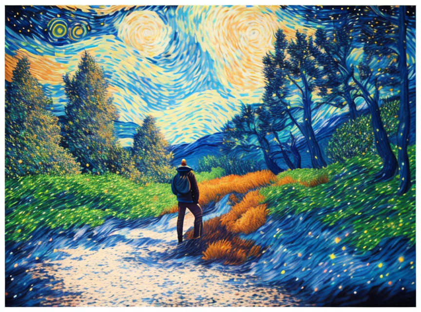 Person standing on path in vibrant landscape with swirling skies and trees.