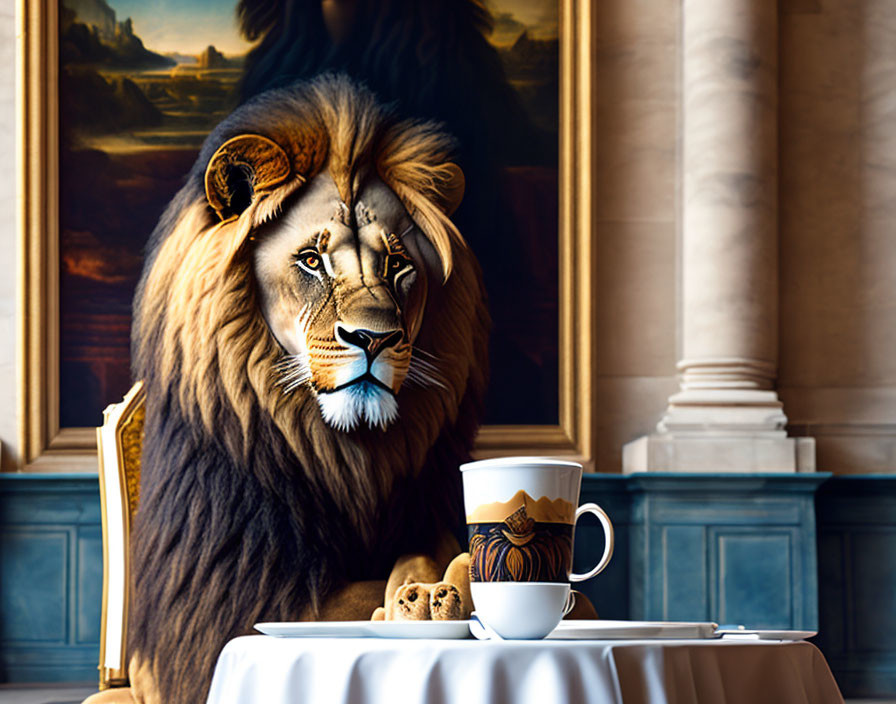 Surreal lion-human hybrid at table with cub, cup, classical backdrop