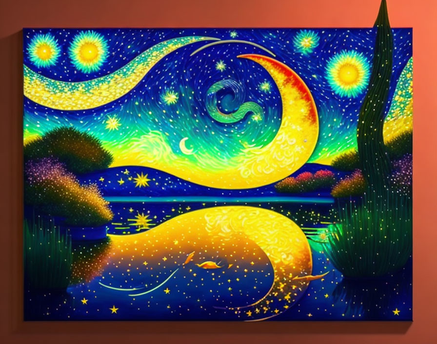 Vibrant Celestial Painting: Night Sky Reflection with Greenery