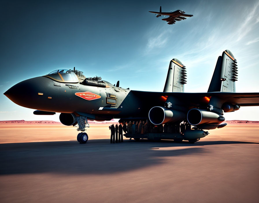 Twin-tailed jet on desert runway with personnel, another jet in pink sky