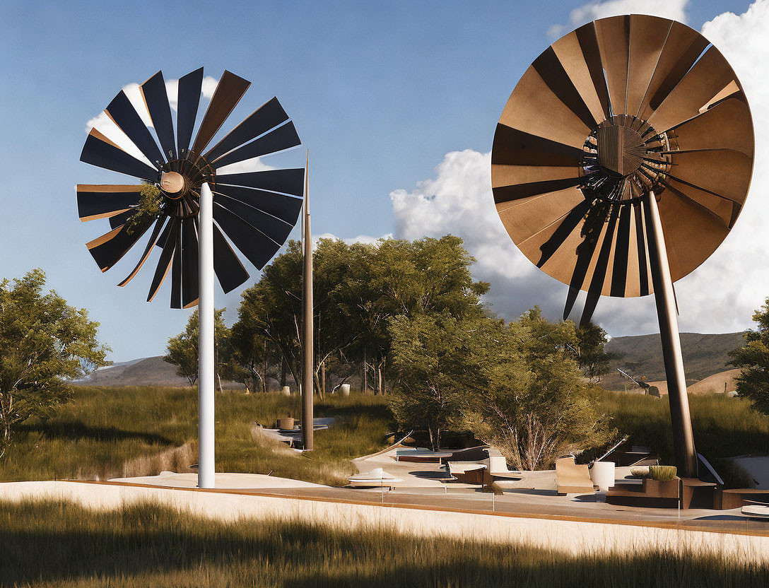 Large Decorative Wind Turbines in Serene Outdoor Setting