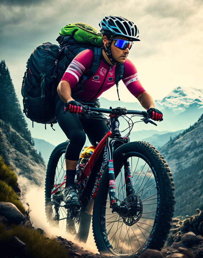 Cyclist in pink attire on mountain bike with backpack on rugged trail