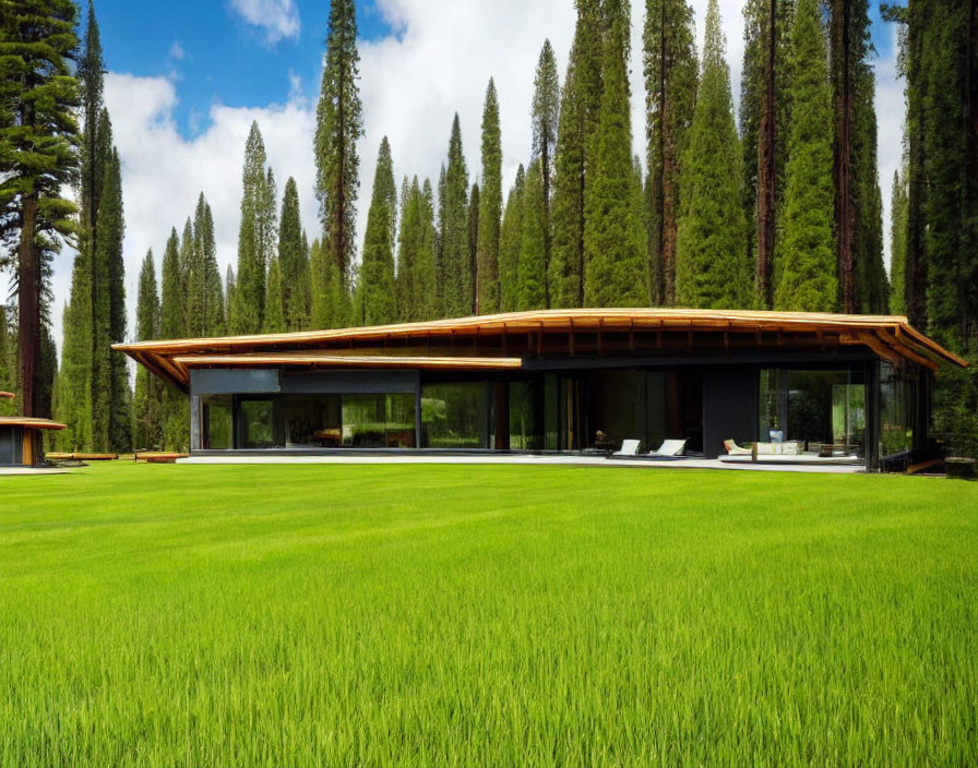 Contemporary House with Large Glass Windows Amid Pine Trees