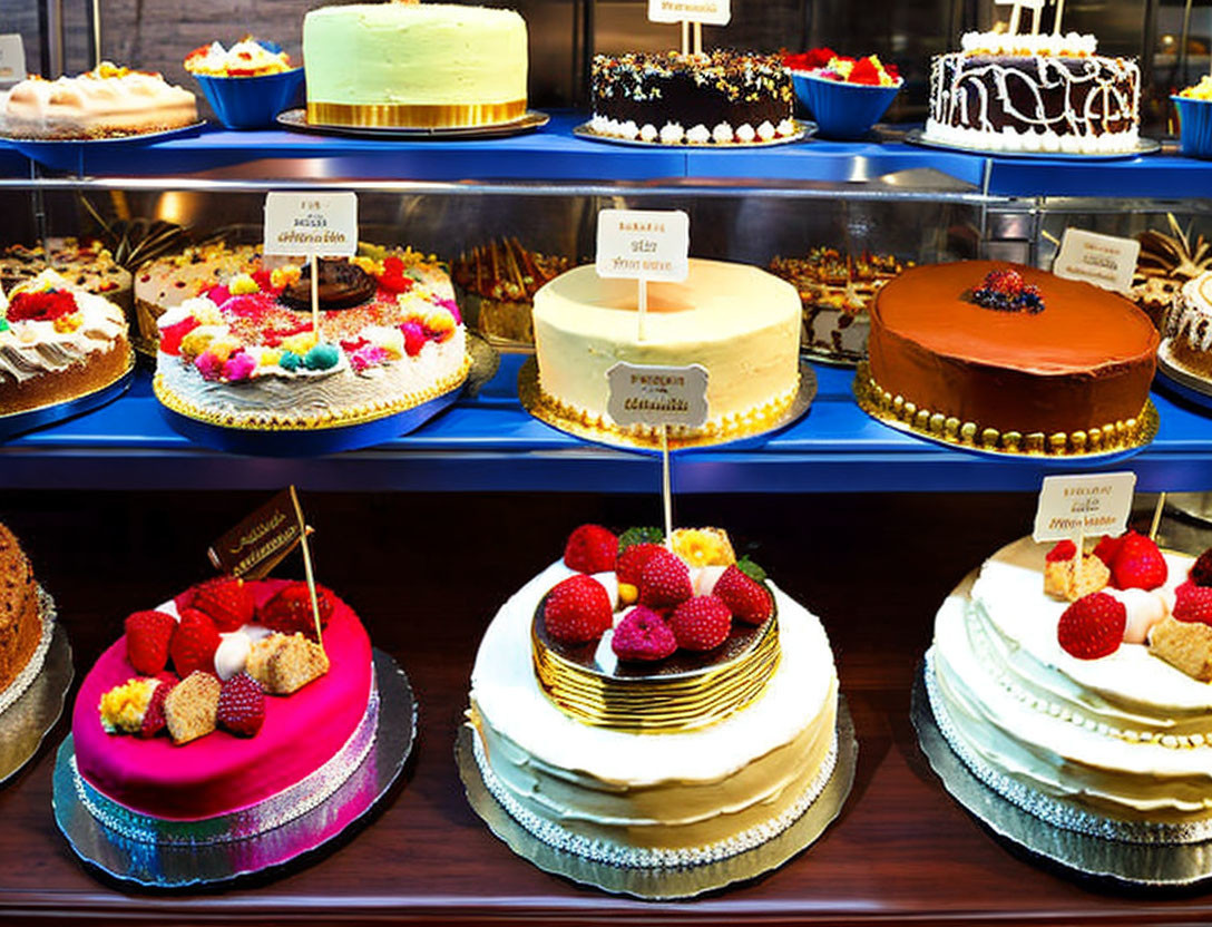 Assorted decorative cakes with fruit and frosting in glass case