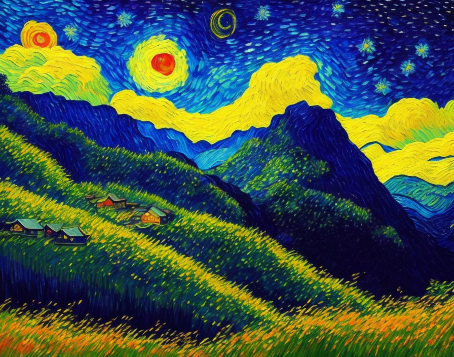 Colorful starry night painting with swirling stars, rolling hills, and cozy houses