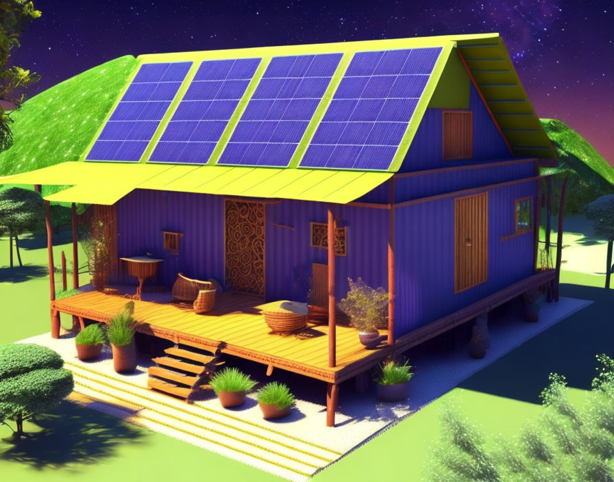 Cozy blue wooden house with solar panels in peaceful garden at night