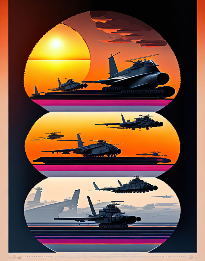 Military Vehicles Triptych Artwork: Submarines, Tanks, and Aircraft in Sunset Colors