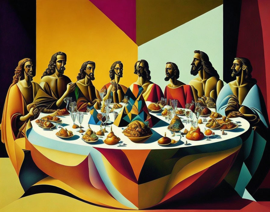 Geometric Last Supper with Abstract Figures in Contemporary Attire